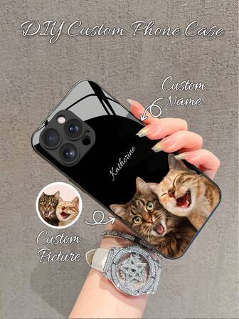 1 carcasă de telefon din sticlă, personalizabilă, cu design creativ, drăguț și la modă, cu cap de pisică și câine, compatibilă cu Samsung Galaxy S24 Ultra/S25 Ultra și 16 Pro Max/15/14 Plus/13 Pro/12 Pro Max/11/Xs Max/8/7/6 Plus. Cadoul ideal pentru prieteni, părinți, iubiți, iubite.