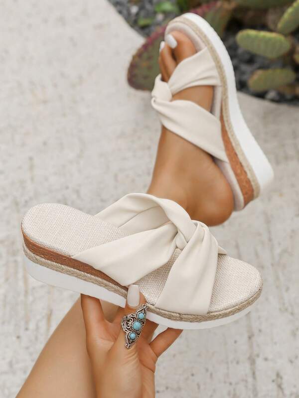 2025 New Women Beige Knotted Criss-Cross Wedge Sandals, Bohemian Style Slip-On Shoes, Comfortable & Breathable For Daily, Commute, Vacation, Work