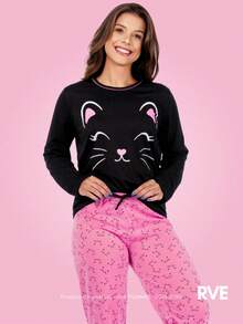 Women's Pajamas Winter Long Faux Drawstring Cute Elegant Luxurious Woman Casual Young Casual Knitted Fabric Long Sleeve Black Kitten Cute Kitty - 黑與白 - 查看 3