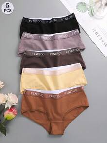 FINETOO 5 件女士纯色字母印花松紧带舒适简约比基尼内裤 - 彩色 - 查看 1