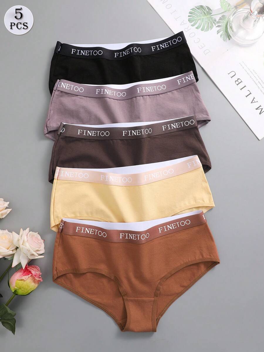FINETOO 5 件女士纯色字母印花松紧带舒适简约比基尼内裤 - 彩色 - 查看 1