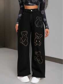 1 pieza pantalon de mezclilla,baggy,rigido para mujer,comodidad,casual. - Gris Oscuro - Ver 1