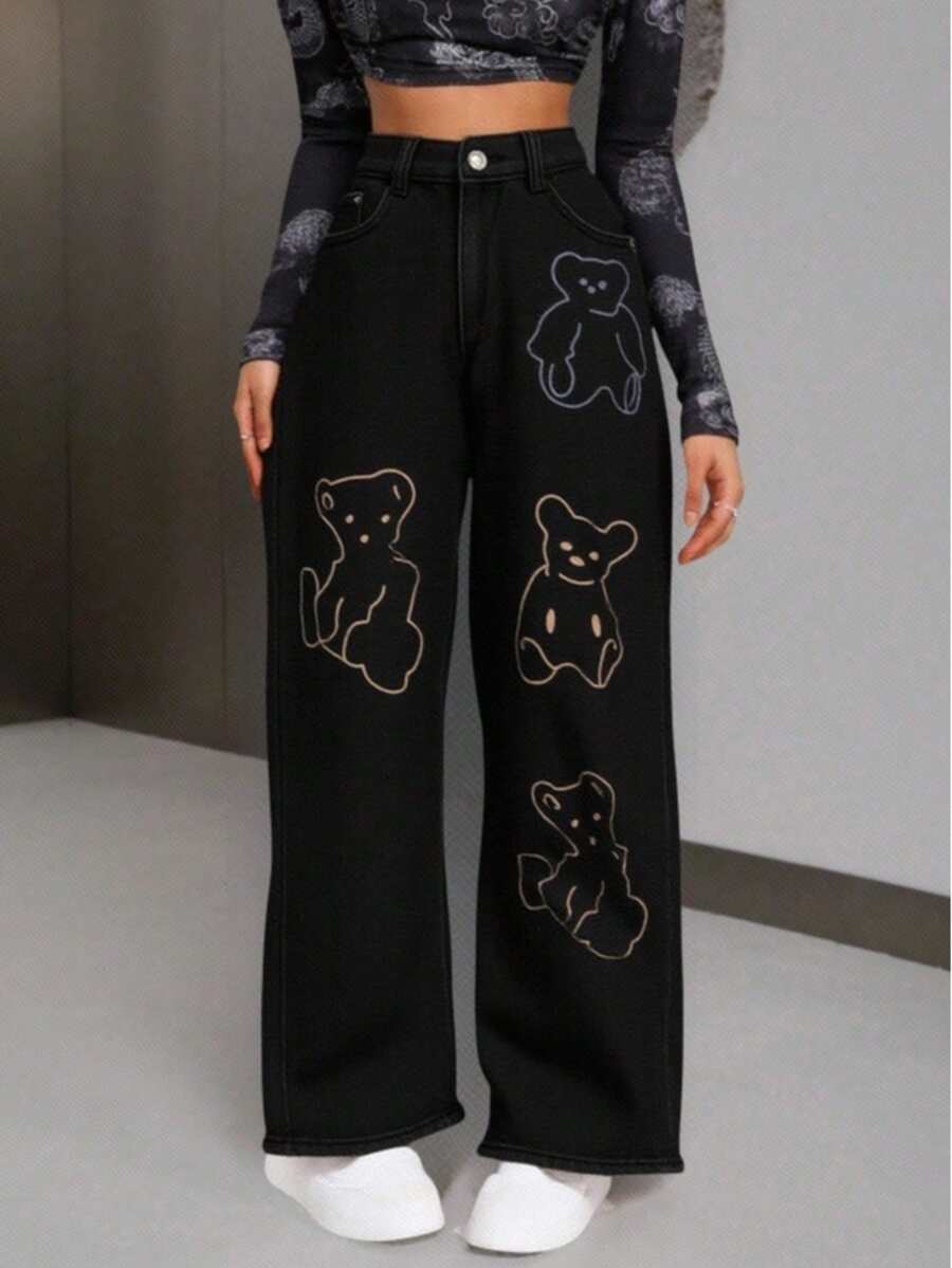 1 pieza pantalon de mezclilla,baggy,rigido para mujer,comodidad,casual. - Gris Oscuro - Ver 1