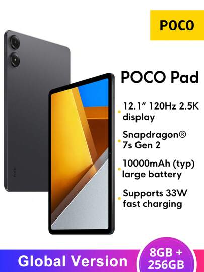 Xiaomi POCO Pad Tablet 8GB+256GB Global Version Snapdragon 7s Gen 2 Mobile Platform 12.1-Inch Screen 2560 X 1600 Resolution 10000mAh Battery Supports 33W Fast Charging Xiaomi HyperOS Tablet Wi-Fi 6