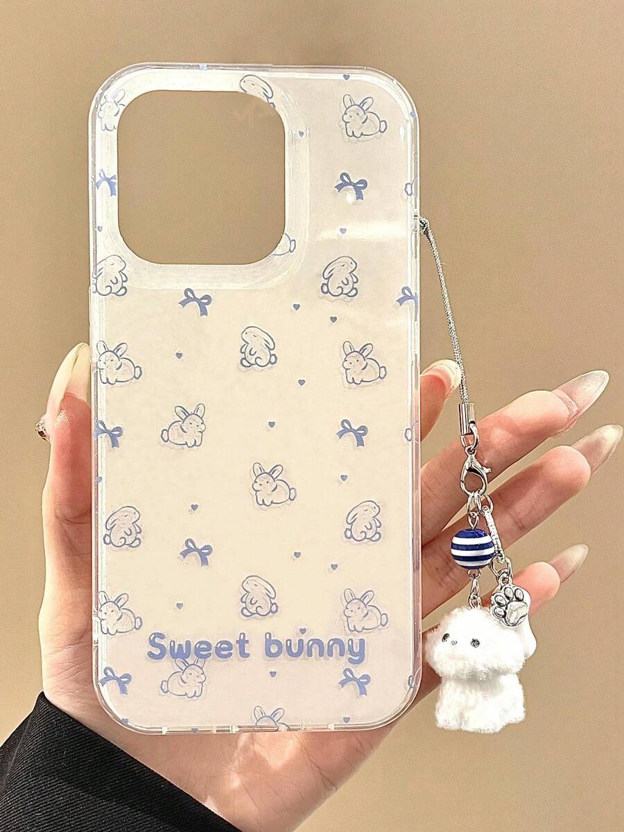 可爱卡通线条兔子蝴蝶结爱心小狗吊坠糖果手机壳，兼容 17 Air、17 Pro Max、16 Pro Max、15、14 Pro、13、12、11，可爱柔软，甜美少女风