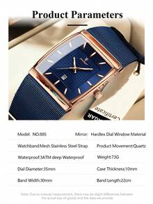 POEDAGAR 1pc Men's Casual Stainless Steel Date Display Wrist Watch, Mesh Strap, Rectangular Dial, Waterproof Luminous, Quartz Business Watch For Daily Wear, Perfect Gift - Blue - View 7