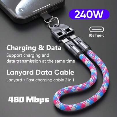 WOWSSYO Type-C 挂绳数据线，支持 PD240W 快充 + 数据传输，尼龙编织绳双 USB-C 手机挂绳数据线，多种颜色可供选择。