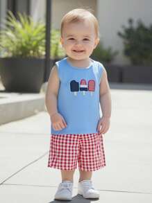 Kid Boy 4th Of July Outfit Popsicle Embroidery Round Neck Tank Tops+ Plaid Shorts 2Pcs Outfit