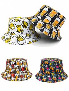 Casual Summer Beer Pattern Printed Bucket Hat, Unisex Beer Music Festival Bucket Hat - A - View 1