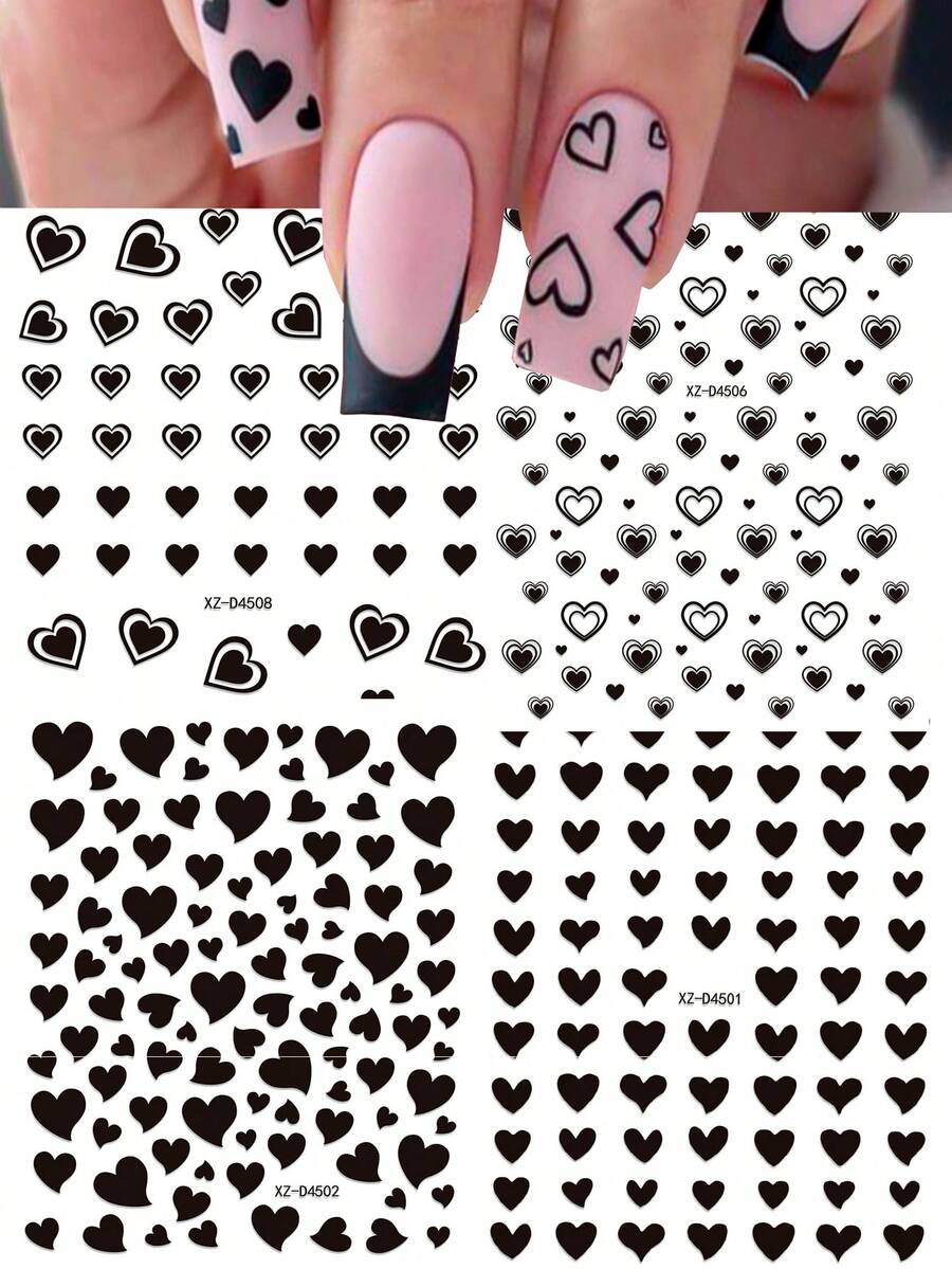 4 件 3D 心形指甲贴纸，黑色爱情情人节可爱卡通情侣自粘艺术贴纸，亮面 DIY 美甲配件美甲技巧 - 黑色 - 查看 1