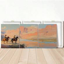 3pcs Cowboy 3 PiecesWall Art, Western Oil Painting Set Of Three Prints, Desert Landscape, Rodeo Horseback Riding Equestrian Decor