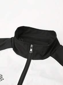 1 pieza Chaqueta de manga larga con estampado de letras para hombre, con cuello alto y cierre de cremallera, estilo deportivo, de motociclismo y estilo grunge, para otoño - Negro - Ver 3