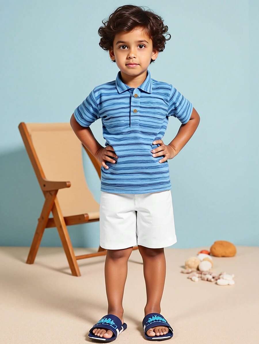 Ținută de vară pentru băieți, 2 buc., include tricou cu guler polo, mânecă scurtă, dungi albastre și pantaloni scurți simpli albi, îmbrăcăminte casual și confortabilă pentru copii, pentru exerciții zilnice, în aer liber, vacanță și recreere