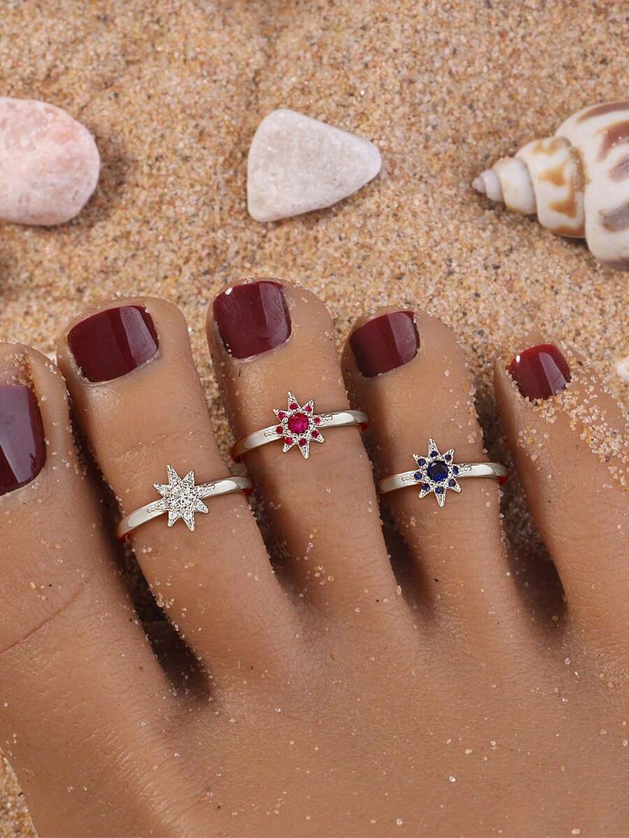 1pc Delicate Hexagram Zirconia 18k Gold Open Toe Ring For The Summer Beach. - Six-pointed Star Foot Ring - View 1