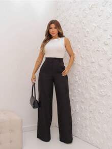 Women's Tailored Pantaloons Versatile Premium Line Formal Or Casual Use Simple Elegant Casual Party Zipper Button Pocket - 黑色 - 查看 1