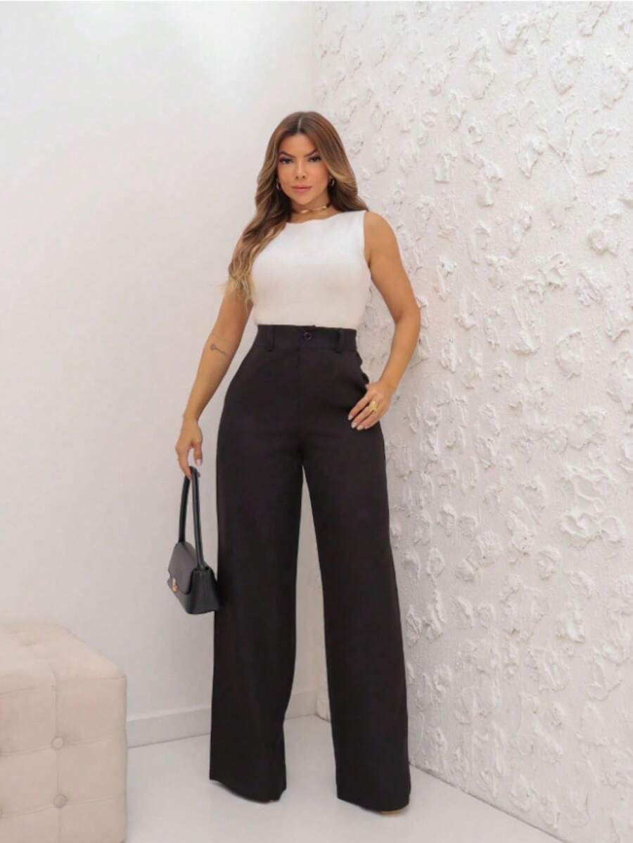 Women's Tailored Pantaloons Versatile Premium Line Formal Or Casual Use Simple Elegant Casual Party Zipper Button Pocket - 黑色 - 查看 1