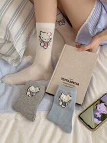 Sanrio 1Pair Sanrio Hello Kitty Women's Mid-Crew Socks | Mesh Cotton Summer Design With 3D Bow Accents (Grey/Blue/Cream), Breathable & Lightweight For Casual Wear, Kawaii Christmas Gift
