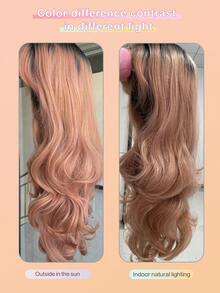 玫瑰金长卷发假发 | T型蕾丝合成假发 | 24英寸大波浪渐变玫瑰金假发，适合日常佩戴和节日装扮 - 漸層 - 查看 5