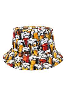 Casual Summer Beer Pattern Printed Bucket Hat, Unisex Beer Music Festival Bucket Hat - A - View 3