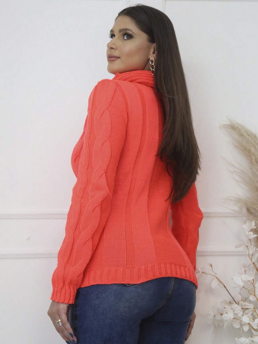 Women's Knitted Blouse High Neck With Front Brace Winter Elegant--- - 橘色 - 查看 1