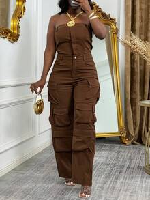 Jumpsuit Wanita Polos dengan Kantong Samping Model Tube - Coklat - View 3
