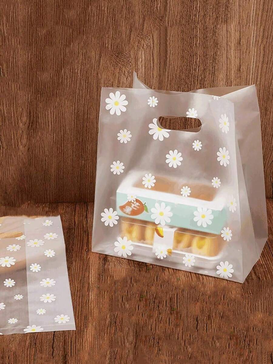 10/50/100pcs Frosted Floral Gift Bags With Daisy Pattern - Reusable Transparent Plastic Tote Bags With Handles, Multifunctional Portable Storage Bags, For Wedding, Birthday Party Favors, Shopping & Travel & Clothing Packaging, Gift Packaging Supplies