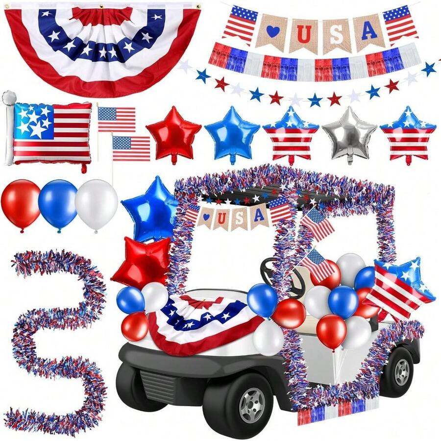 57 Pcs 4th Of July Parade Golf Cart Decoration Kit Red White And Blue Golf Cart Supplies Independence Day Burlap Bunting Flag Tinsel Garland Balloons Decor For Memorial Day Patriotic Party - 1 - View 1