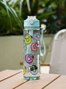 1pc 700ml/23oz Cartoon Donut Pattern Plastic Water Bottle, Children Plastic Water Cup With Lid, Lockable Design, Lanyard, Portable For School, Outdoor Sports, Camping, Picnic