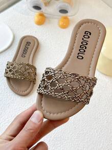 Sandalias planas de verano 2025 para niños, cómodas, de tejido dorado. Sandalias de dedo con diseño redondo para uso casual y holgazán para niñas