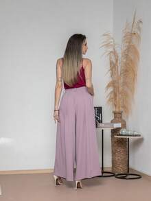 WOMEN'S PANTS, WIDE LEG, HIGH WAIST, VALENTINE'S DAY PANTALONA - Lilac Purple - View 3
