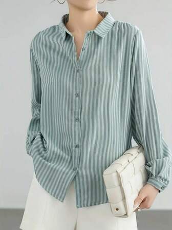 女式长袖休闲宽松条纹纽扣前襟衬衫