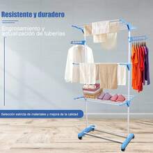 AKASENKO Tendedero Plegable de 3 Niveles,Tendedero de Ropa Plegable Vertical,Soportes Tendederos, Perchaóvil con alas Plegables y Ruedas,Tendedero Retráctil,Portátil. (Gris) - Azul - Ver 7
