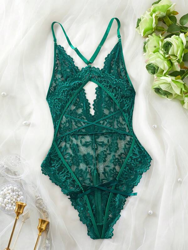 Sexy Spitze Schlafzimmer gewagt Cami Jumpsuit mit gekreuzten Trägern, offenem Rücken & ohne Bügel