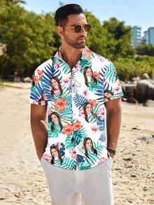 男士定制夏威夷衬衫，可个性化定制男女肖像、家庭成员、宠物、卡通人物和节日主题图案；趣味衬衫，百搭款式。 - 白色 - 查看 4