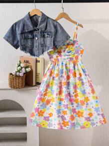 2pcs/Set Tween Girl Casual Outfit: Denim Vest And Ditsy Floral Dress, Summer Clothes