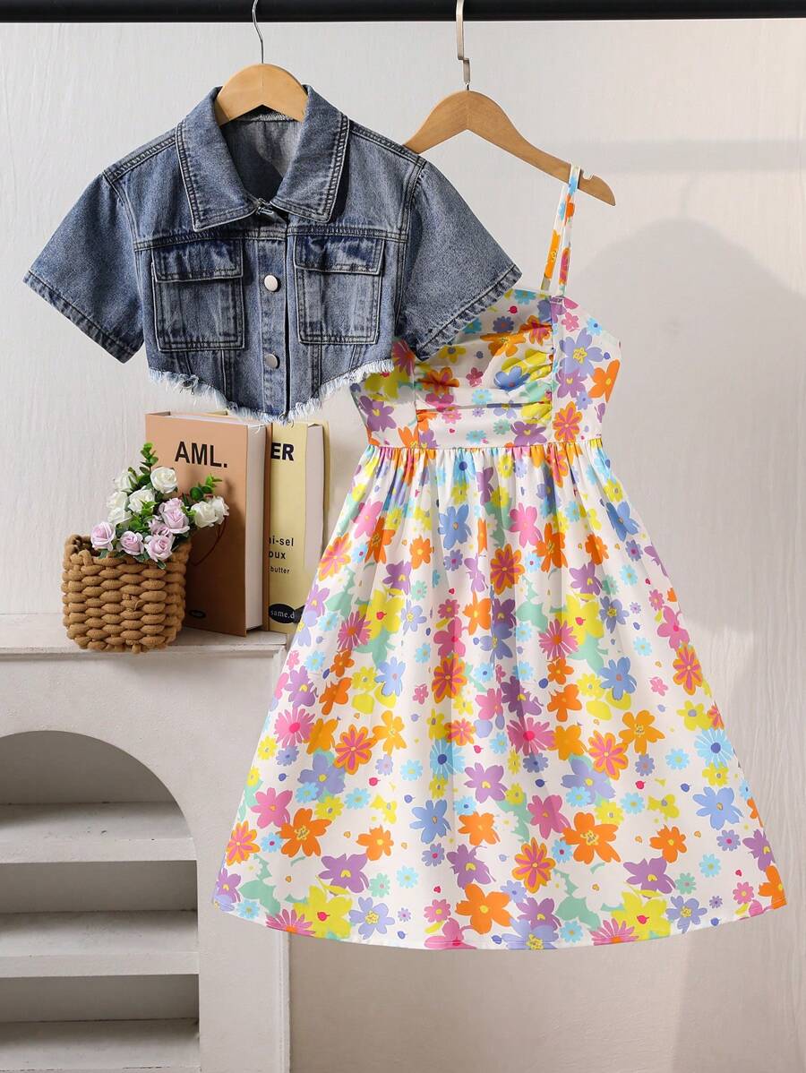 2pcs/Set Tween Girl Casual Outfit: Denim Vest And Ditsy Floral Dress, Summer Clothes