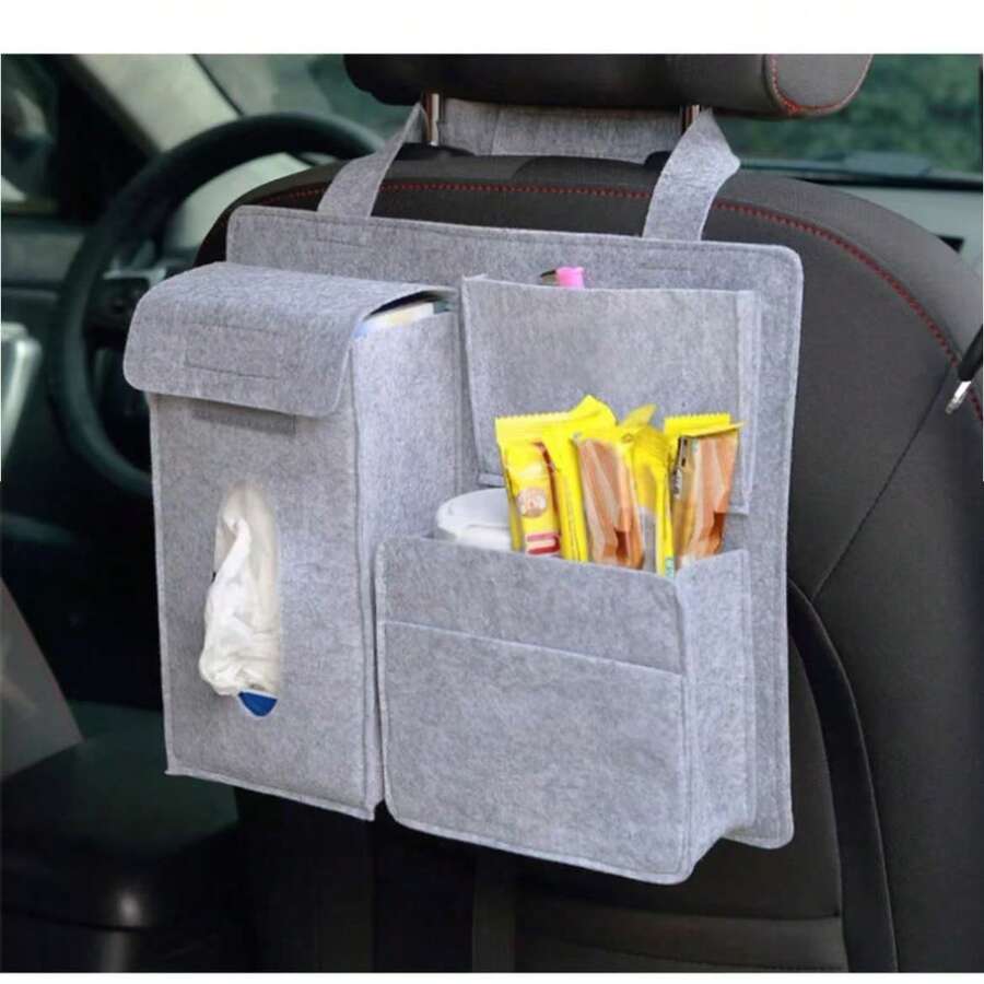 Felt Tissue Box Cover For Car, Ultra Soft Felt Car Organizer With Backseat Storage Bag, Compact Tissue Holder For Car Interior, Front Seat And Backseat Accessory, Space Saving Car Storage Solution, Cozy Felt Finish And Dust Free Design, Convenient Dispenser And Hidden Pocket, Neat Travel Companion For Clean Car Look - Grey - View 1