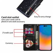 Ốp điện thoại gập màu trơn có khóa kéo lấp lánh, dây đeo cổ tay, khe đựng thẻ, tương thích với iPhone 17, 16, Galaxy S26, S25, S24, A16, A56, Note 15 (phiên bản quốc tế, không phải phiên bản nội địa). - màu đen - Xem 6