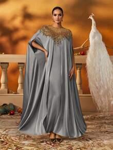 AmazingHoney 奢华蓝色卡夫坦长袍，金色亮片装饰，缎纹面料，派对长袍，卡夫坦长袍，长袍长袍（超大尺码 - 请查看尺码表） - 淺藍色 - 查看 2