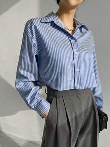 Blusas de mujer Camisa corta de rayas con abertura lateral y un solo pecho - Azul - Ver 1