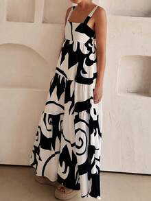 Summer Women's Festival Casual Casual Print Swing Ankle Skirt - 黑色 - 查看 4