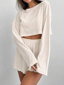 2pcs/Set Women's Knit Blend Long Sleeve Top & Shorts Lounge Set, Soft & Stretchy Sleepwear, Cozy Outfits, Fall Winter Clothes - Beige - View 3