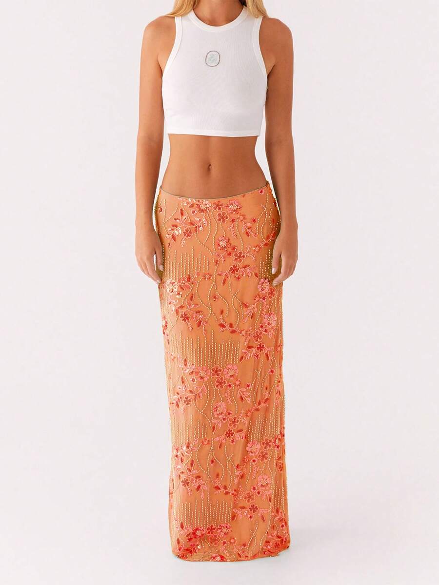 Women Summer Skirt Casual Elegant Sequin Floral Embroidery Long Skirt For Beach Vacation Club Streetwear - 橘色 - 查看 1