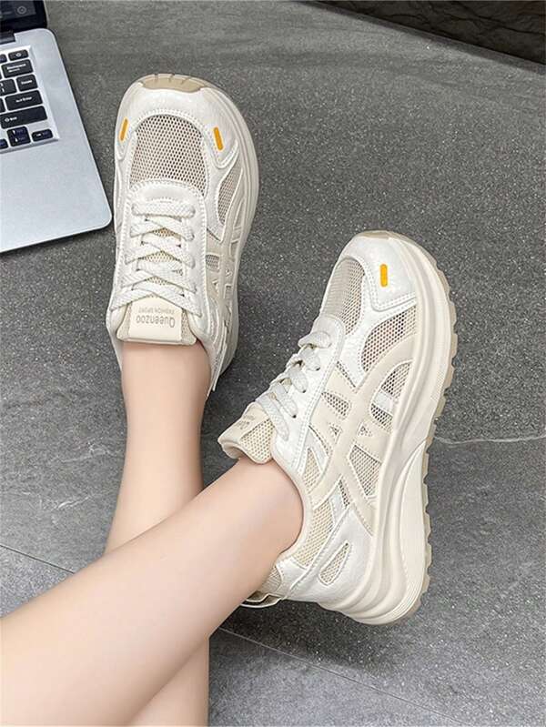 Stylish Color Block Women Sports Shoes, Mesh Material Breathable, Thick Sole Comfortable Shock Absorption, Suitable For Daily Wear And Sports Activities
