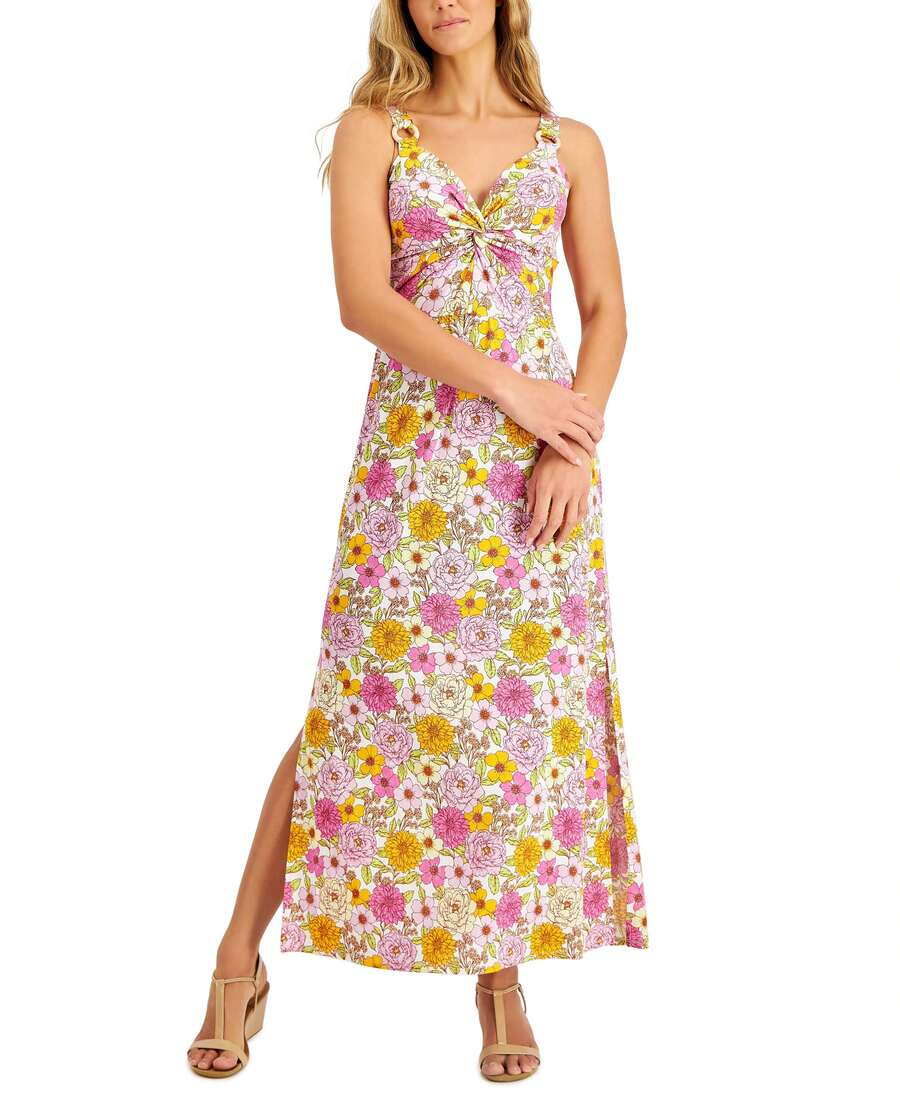 Vestido largo con estampado floral y detalle de lazo adelante, talla pequeña - Beis - Ver 1