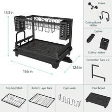Escurridor de platos de 2 niveles para encimera de cocina, escurridor grande de platos con bandeja de goteo y soportes para utensilios, escurreplatos resistente a la oxidación, organización de cocina - Negro - Ver 4