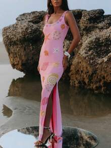 Women Starfish Shell Printed Maxi Dress Spaghetti Strap Backless Bodycon Long Dress Summer - Pink - View 2