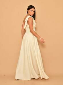 Helena Long Dress Luxury Plain Duna Linen With Bow One Shoulder - Màu be - Xem 5