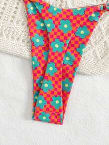 Set de 2 piezas Traje de baño de mujer con estampado floral y diseño de cordones en la espalda, para vacaciones, playa, escenarios, conciertos, verano - Multicolor - Ver 4