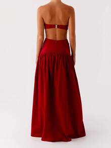 Women's Strapless Dress Stylish Solid Red Side Hollow Out Sleeveless A Line Tube Long Dress - 紅色 - 查看 2